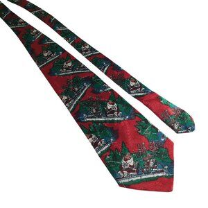 Santa Reindeer Fishing Novelty Red Green Christmas Tie Hallmark Vintage Holiday